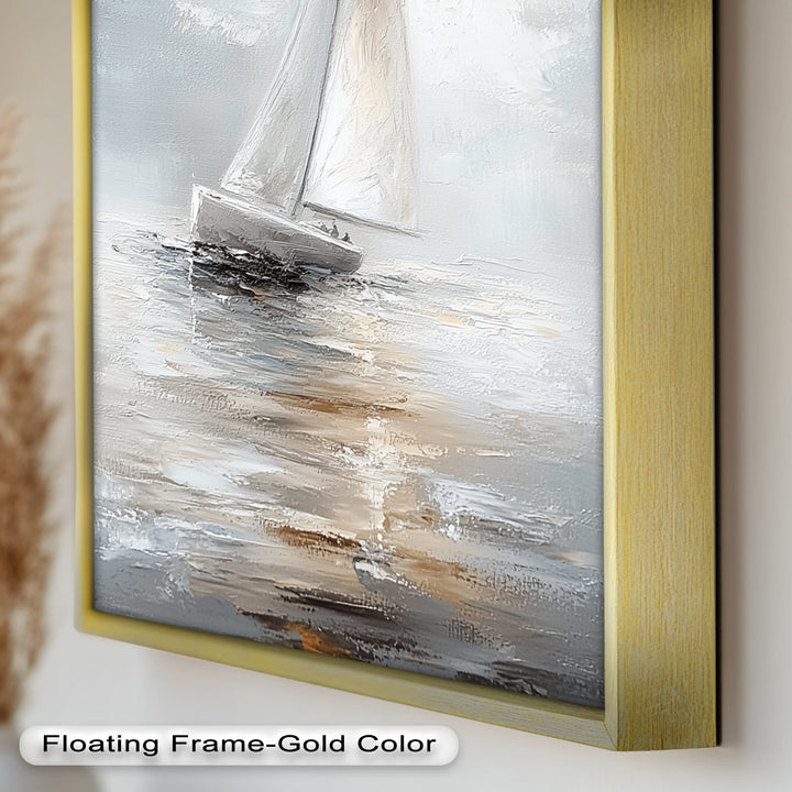 Sailing Through the Mist – White Boat Oil Painting