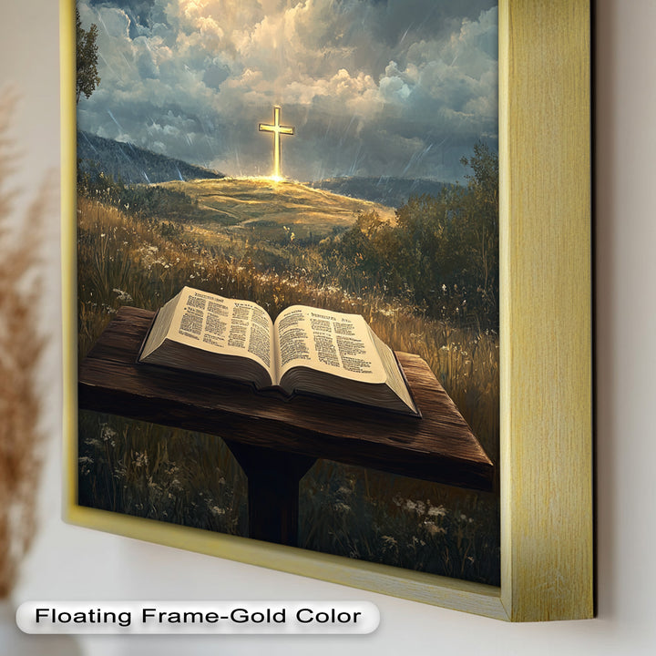 Göttliche Offenbarung – Bibel und leuchtendes Kreuz, christliches Ölgemälde