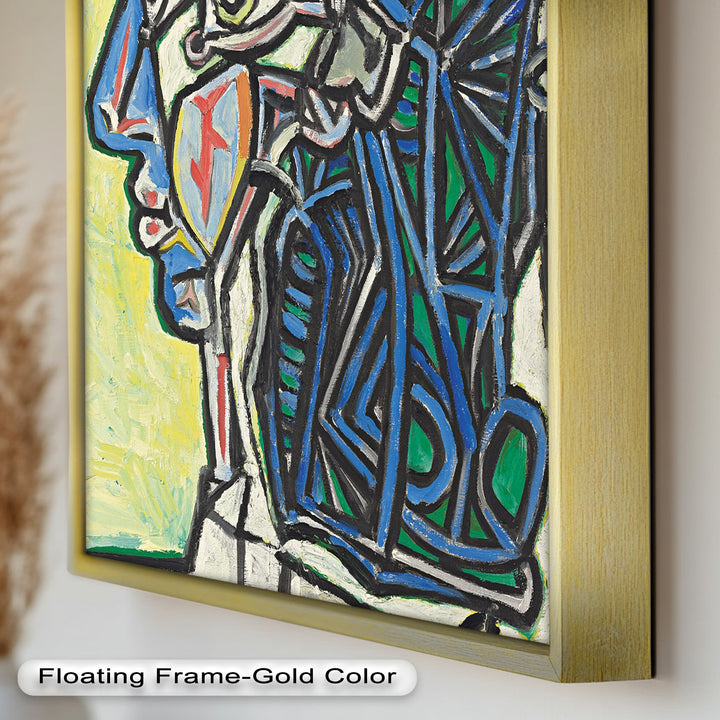 Angular Gaze – Geometric Portrait with Blue and Green Lines Picasso Oil Painting