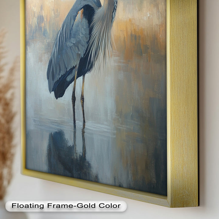 Heron in Misty Marshland - Framed Oil Painting