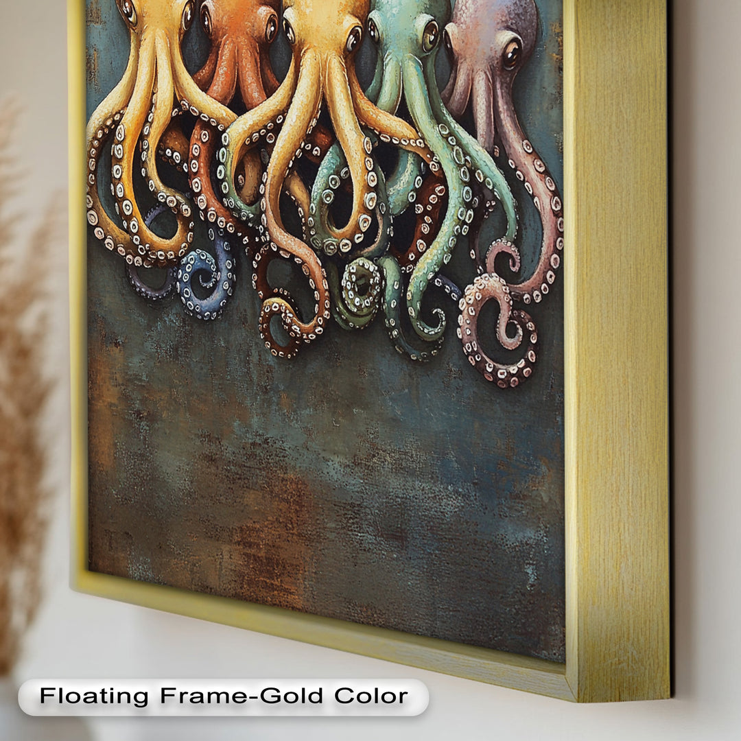 Whimsical Row of Octopuses – Colorful Sea Life Animal Oil Painting