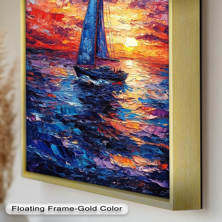 Crimson Horizon – Sunset Voyage Boat Oil Painting