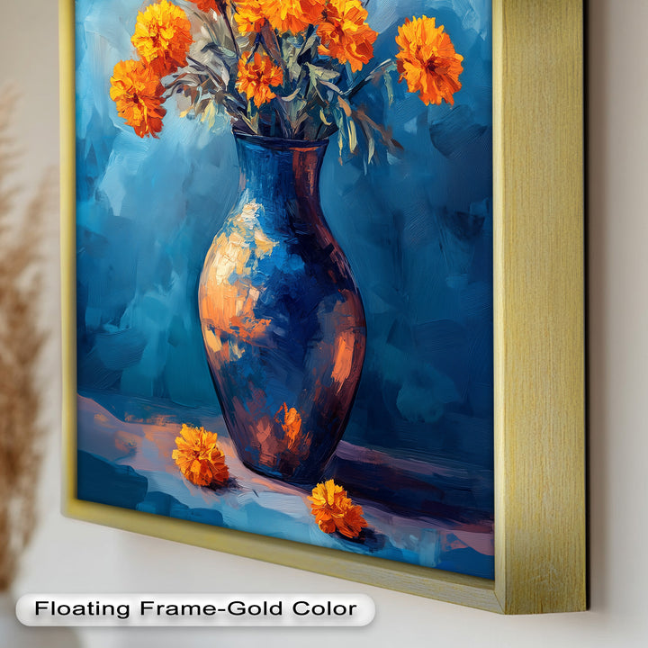 Golden Marigolds in Midnight Blue – Flower Oil Painting