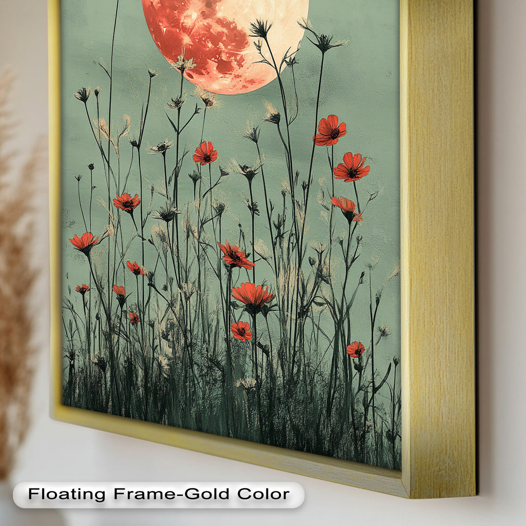 Celestial Wildflowers – Full Moon Over Red Meadow Blooms Oil Painting