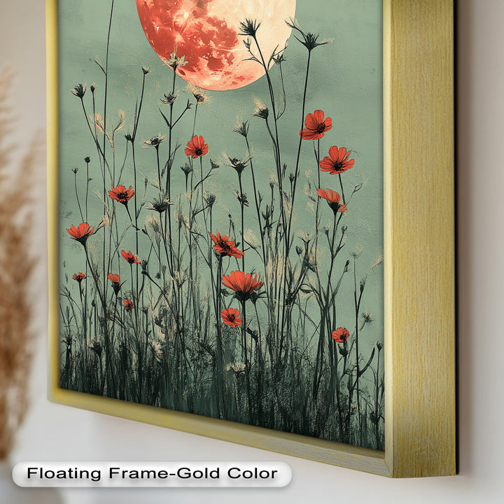 Celestial Wildflowers – Full Moon Over Red Meadow Blooms Oil Painting
