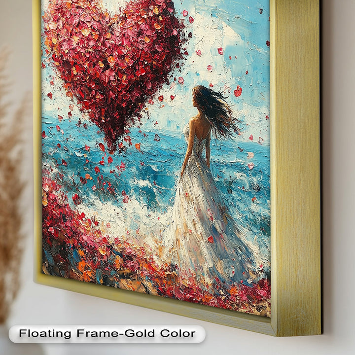 Woman with Heart-Shaped Petals Over the Sea - Love Oil Painting