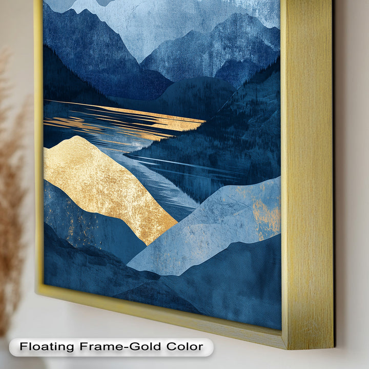 Golden Horizon – Abstract Blue Mountain Landscape Oil Painting