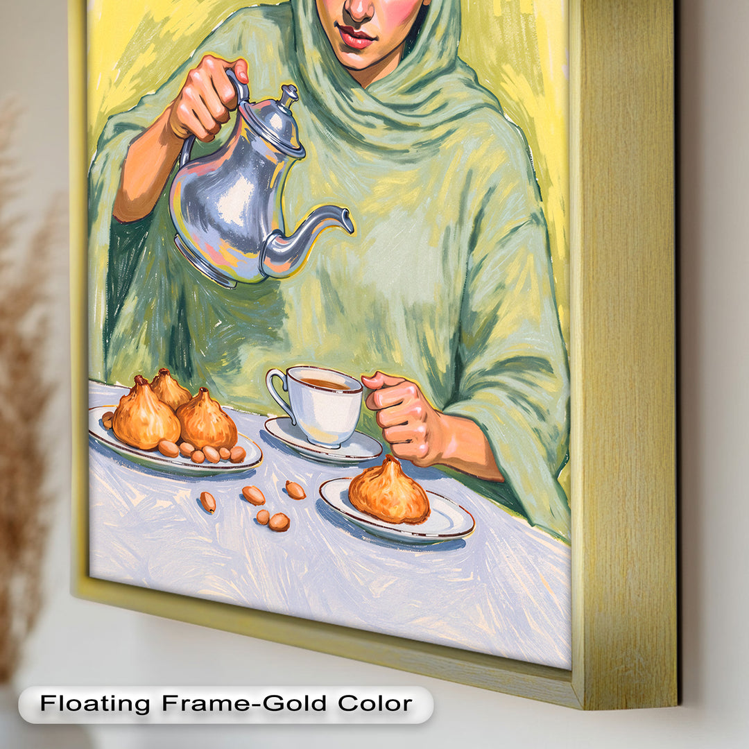 Woman Pouring Tea with Traditional Sweets - Food Painting