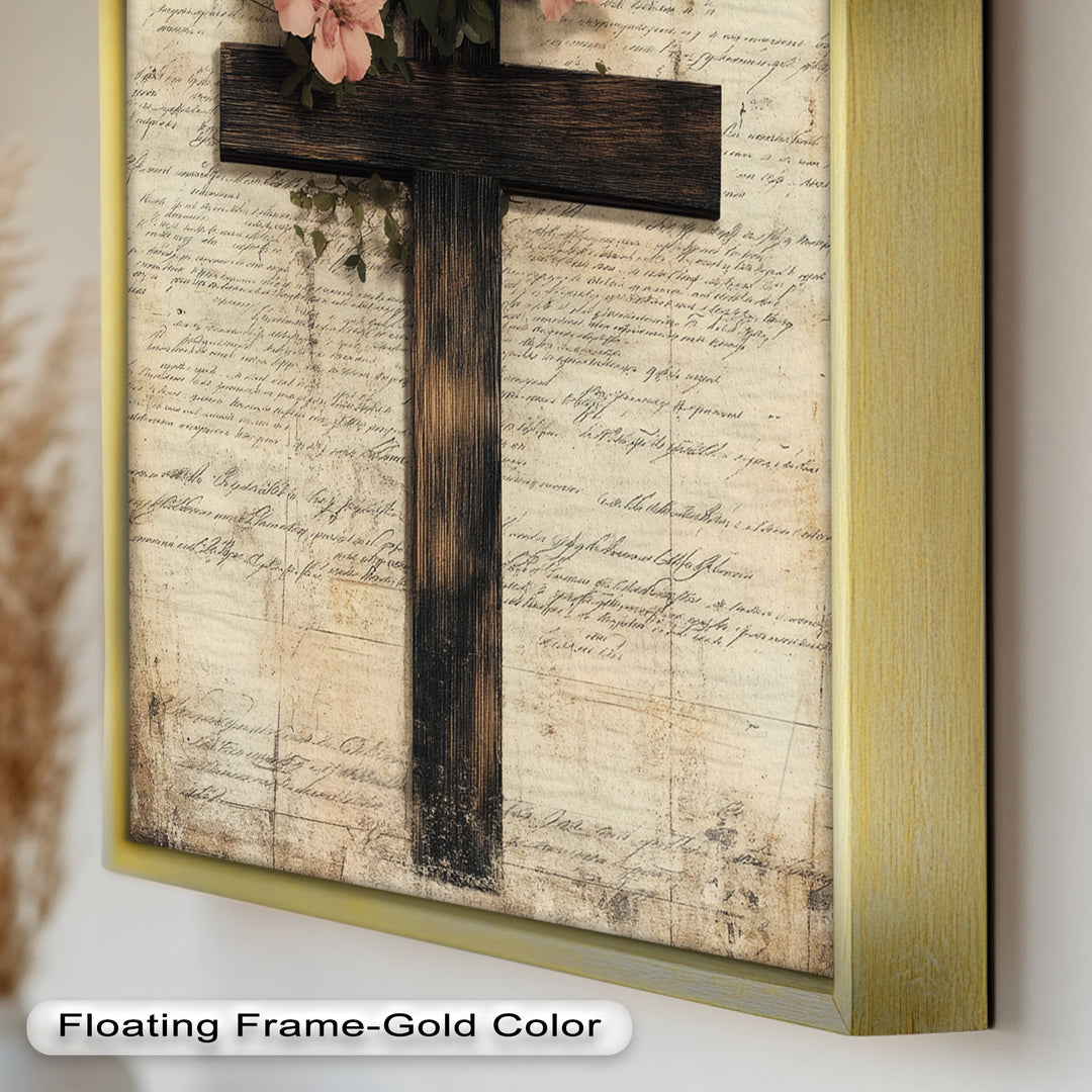 Holzkreuz mit rosa Blüten - Christliches Ölgemälde