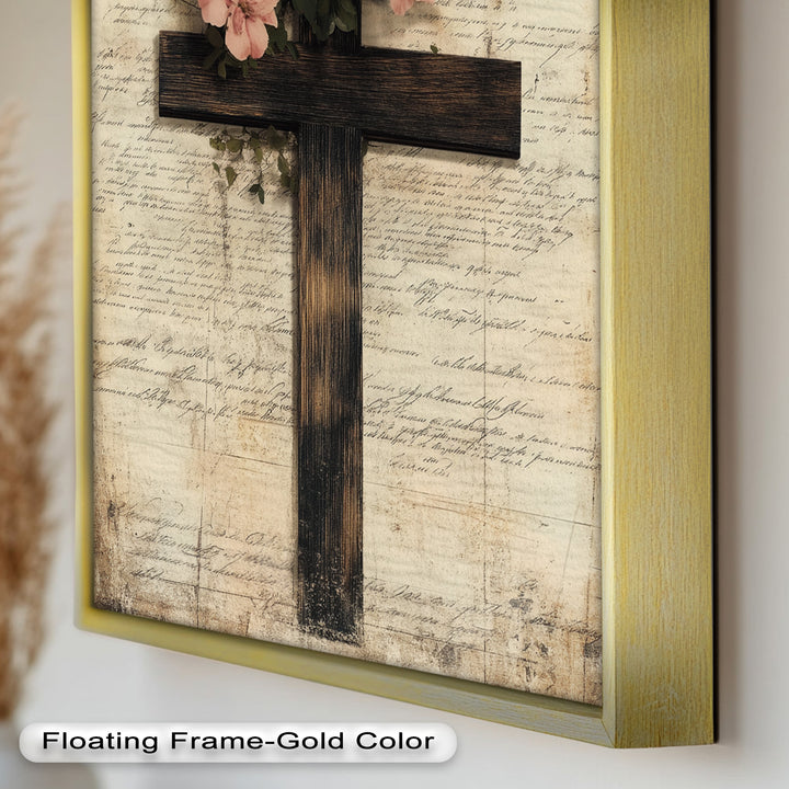 Holzkreuz mit rosa Blüten - Christliches Ölgemälde