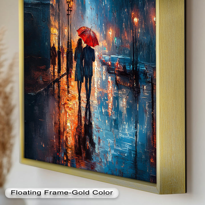 Lovers in the Rain – Romantic Night Street Oil Painting