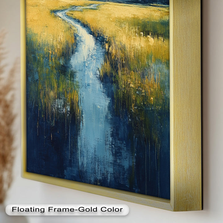 Golden Fields and Blue Stream – Contemporary Landscape Oil Painting