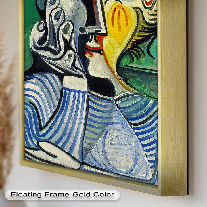 Nachdenklicher Blick – Gestreifte Frau mit Sonnenhut Picasso Ölgemälde