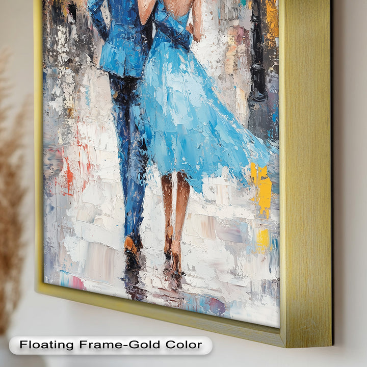 Romantic Couple Strolling in Rain - Love Oil Painting