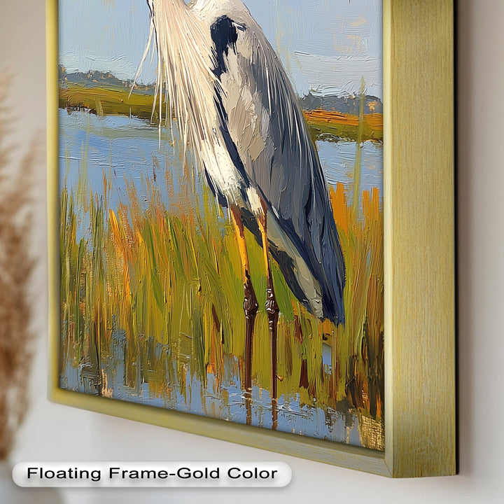 Heron in Sunlit Wetlands – Modern Oil Painting