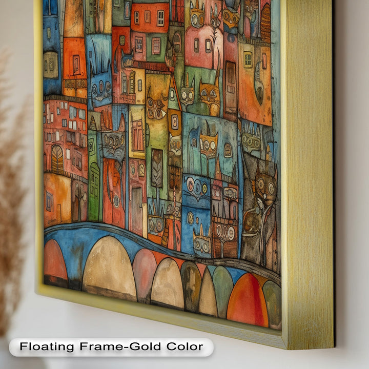 Whimsical Cat Cityscape – Surreal Architecture and Feline Picasso Oil Painting