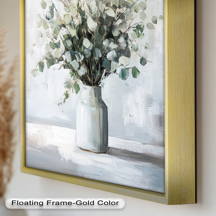 Eucalyptus Essence – Minimalist Greenery in Ceramic Vase Oil Painting