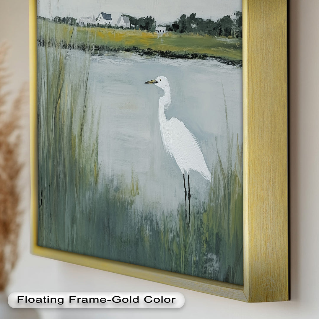 Egret by the Marsh – Minimalist Landscape Oil Painting