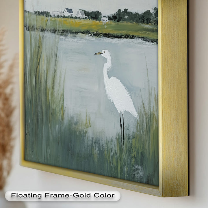 Egret by the Marsh – Minimalist Landscape Oil Painting