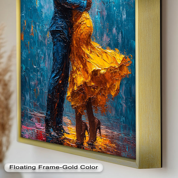 Midnight Embrace – Vibrant Couple in Yellow Dress Oil Painting