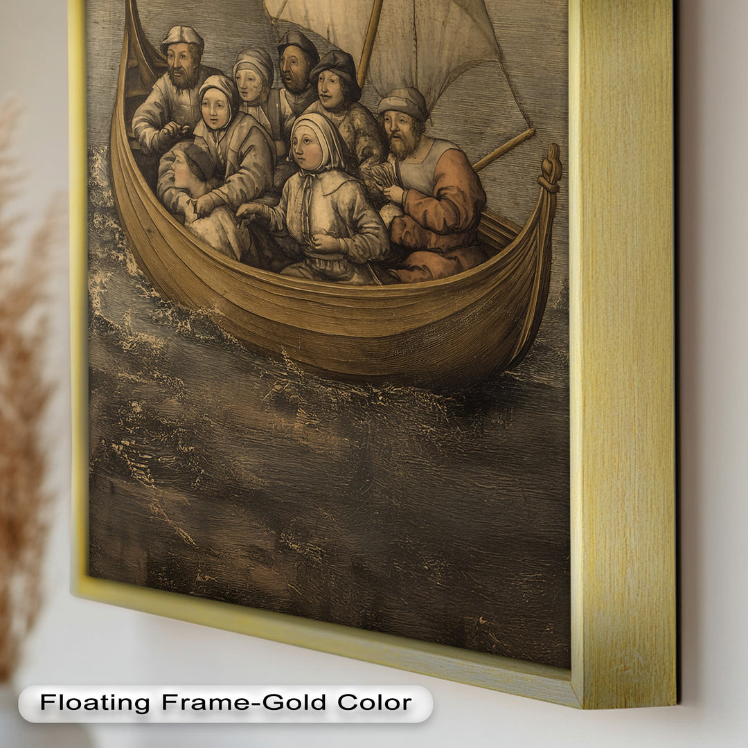 Medieval Sailors in Wooden Vessel - Historic Oil Painting