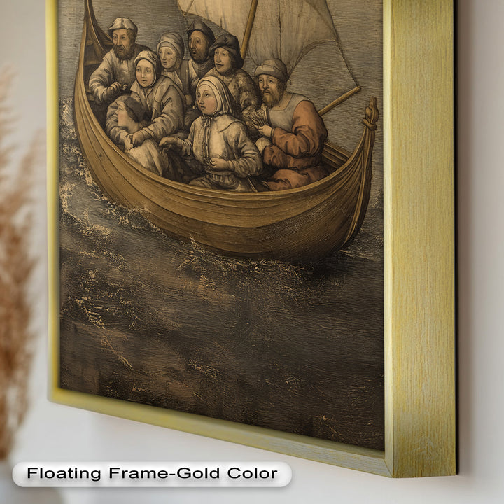 Medieval Sailors in Wooden Vessel - Historic Oil Painting