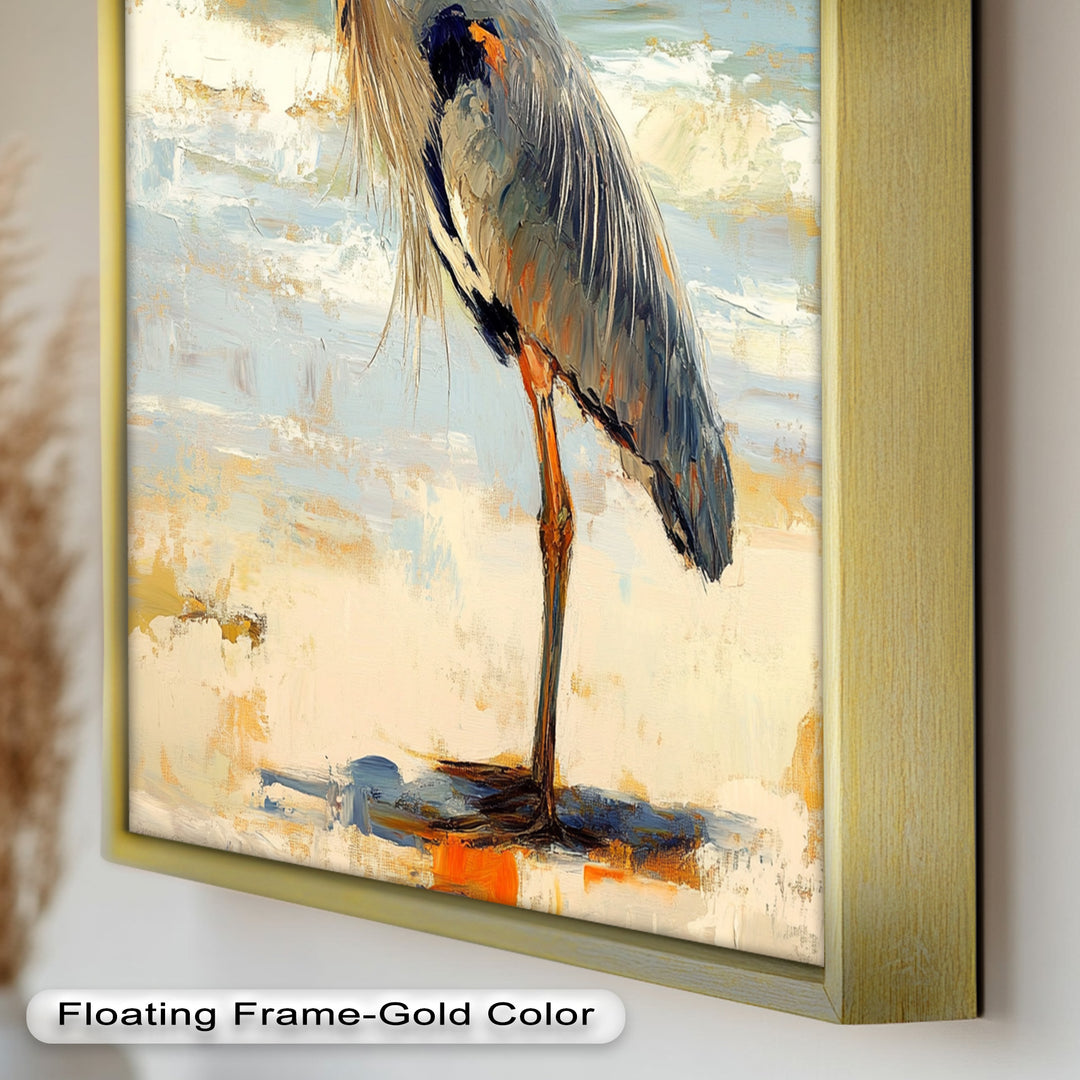 Elegant Heron Standing on Shoreline – Framed Oil Painting