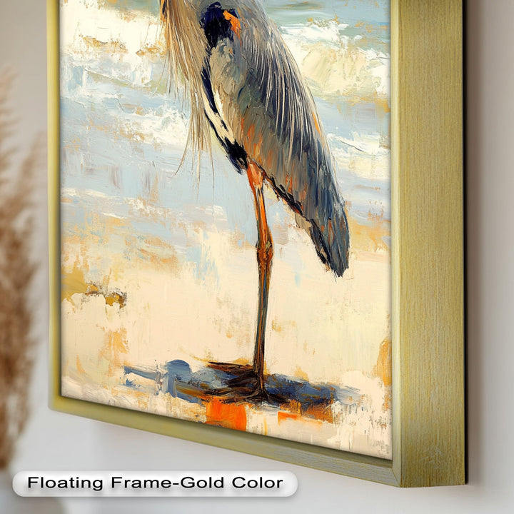 Elegant Heron Standing on Shoreline – Framed Oil Painting