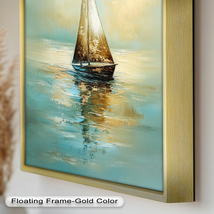 Golden Drift – Ruhiges Segelboot bei Sonnenaufgang, Boot-Ölgemälde