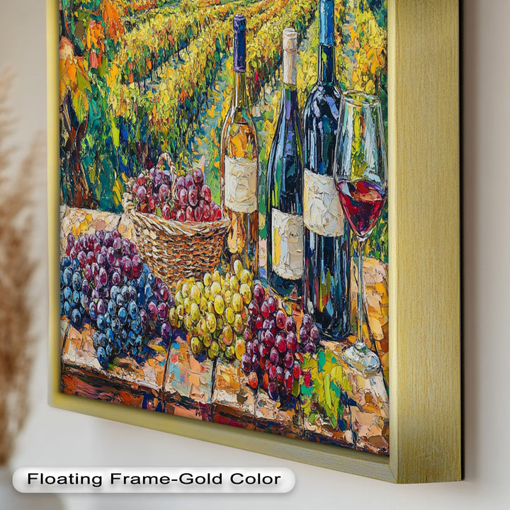 Wine Bottles and Grapes in Sunlit Fields - Still Life Oil Painting