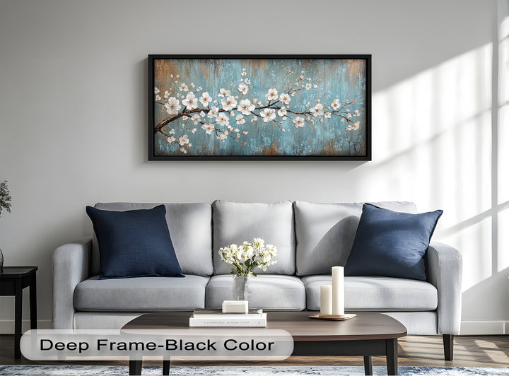 White Blossoms on Blue Textured Branch - Flower Oil Painting