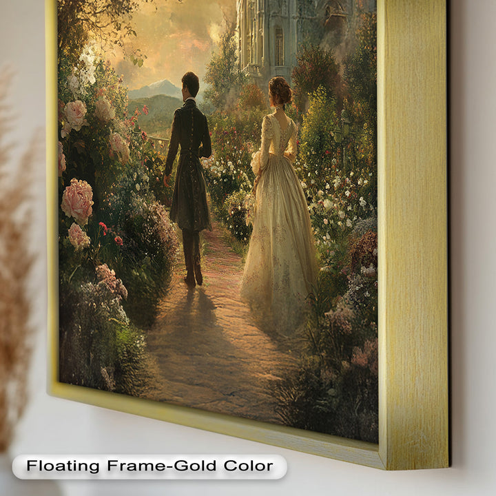 Victorian Lovers at Twilight – Romantic Garden Walk Oil Painting