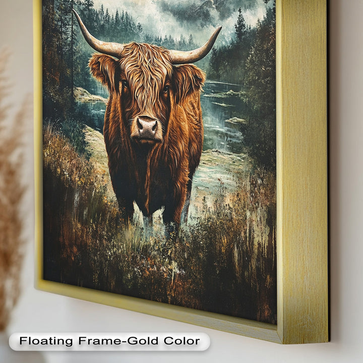 Highland Cow in Misty Pines – Wilderness Oil Painting