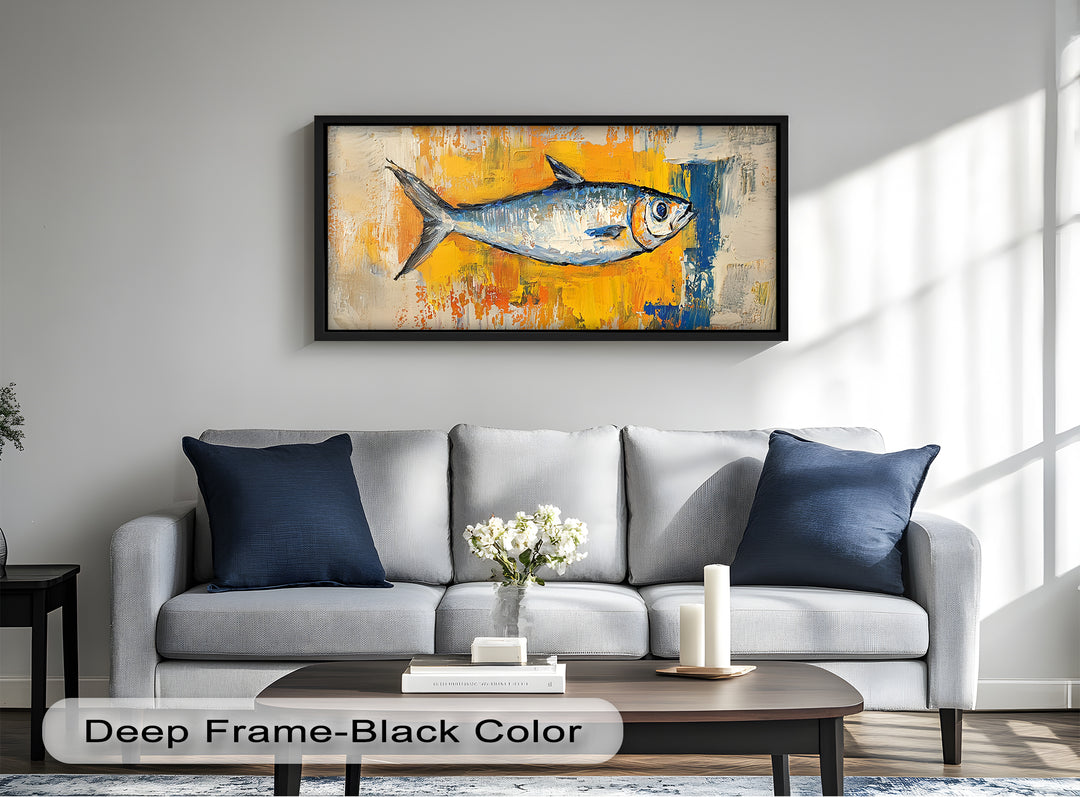 Blue Fish on Vibrant Yellow Background - Animal Oil Painting