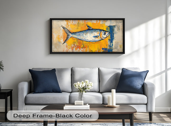 Blue Fish on Vibrant Yellow Background - Animal Oil Painting