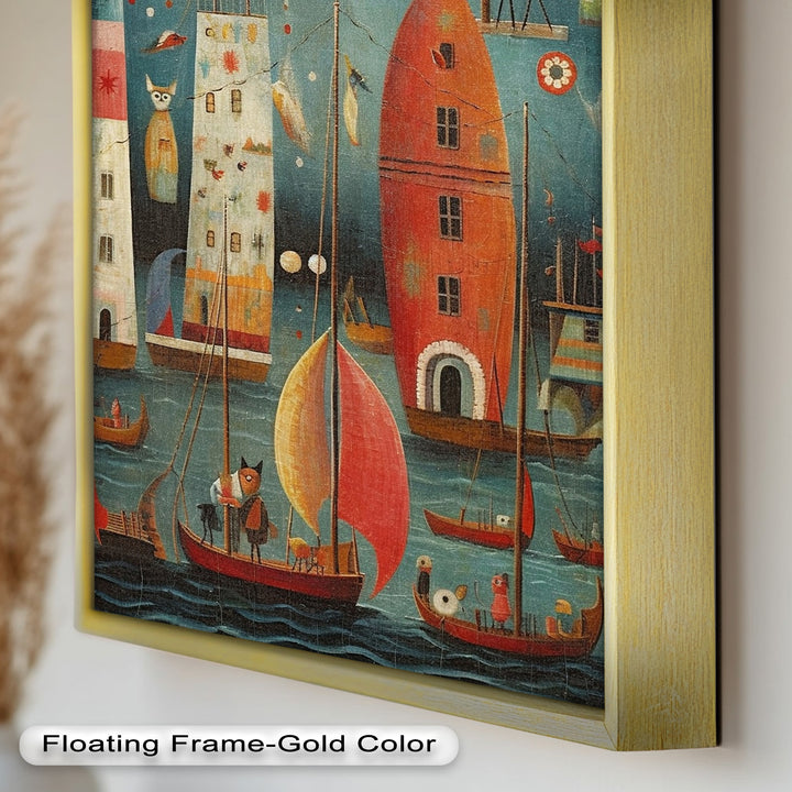Moonlit Harbor Parade – Surreal Cat and Owl Fantasy Oil Painting