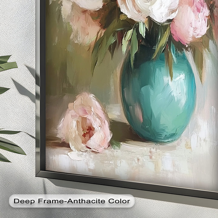 Blushing Peonies in Jade Vase – Romantic Flower Oil Painting