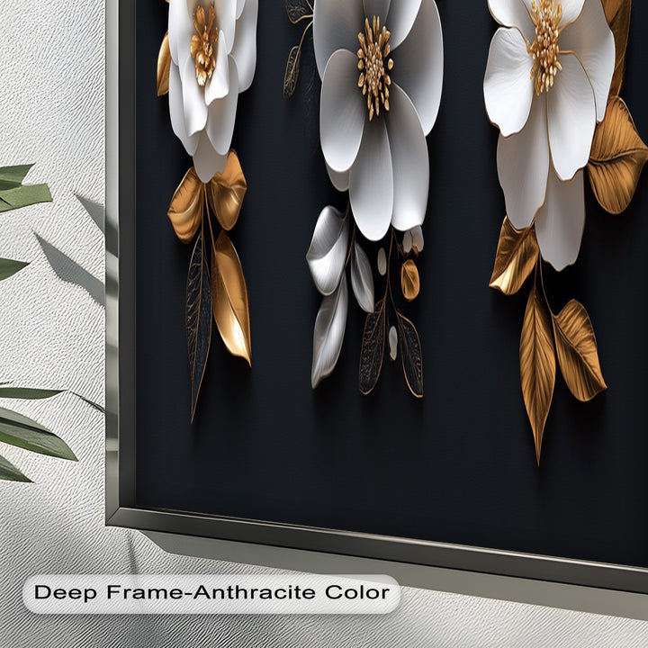 Elegantes Blumentrio – Modernes Ölgemälde in Weiß und Gold