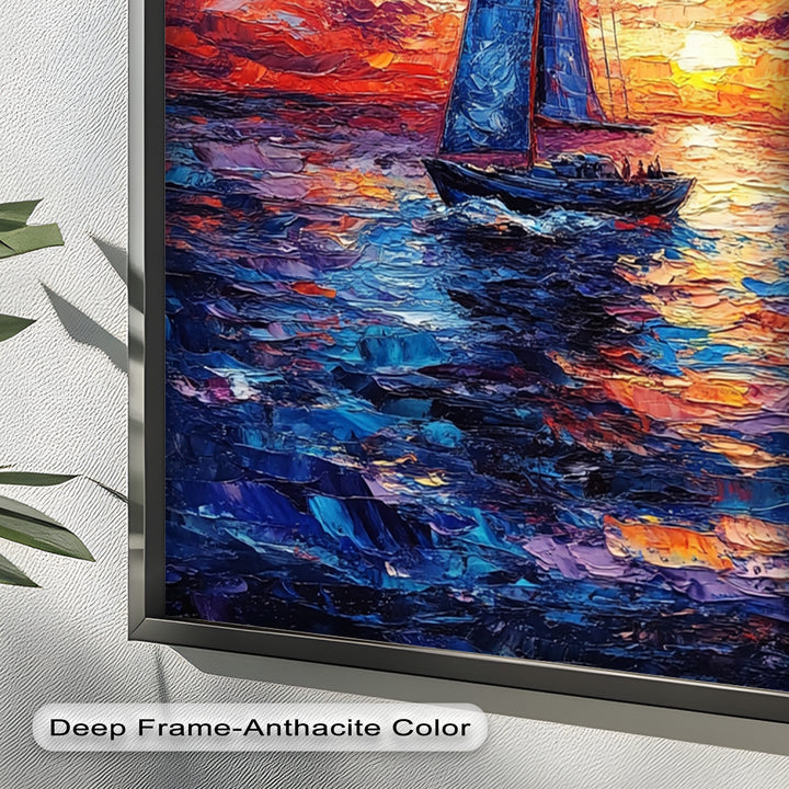 Crimson Horizon – Sunset Voyage Boat Oil Painting