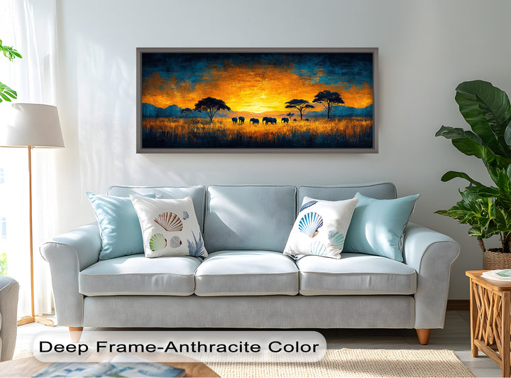 Golden Savannah Sunset – Elephant Silhouette Oil Painting