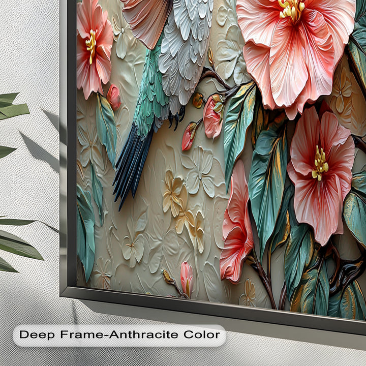 Spring Hummingbird with Pink Flowers – Framed Oil Painting