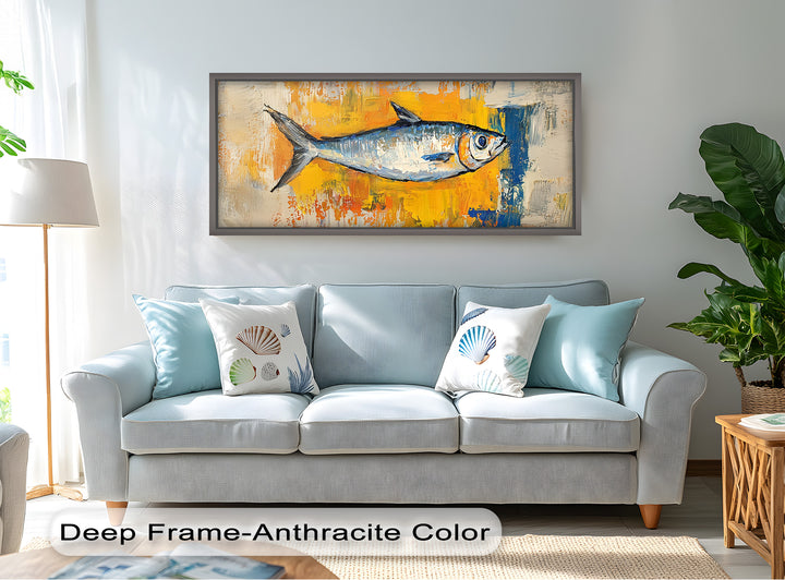 Blue Fish on Vibrant Yellow Background - Animal Oil Painting