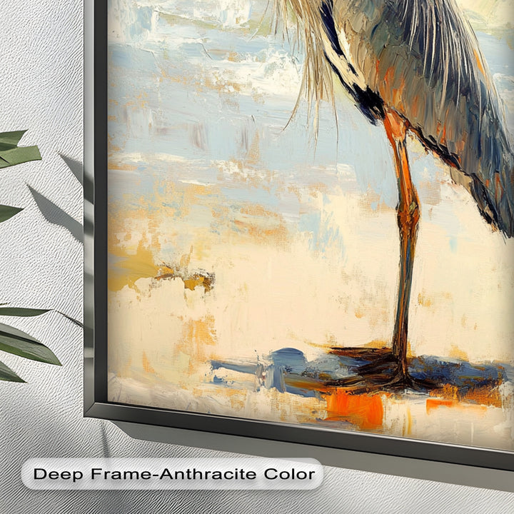 Elegant Heron Standing on Shoreline – Framed Oil Painting