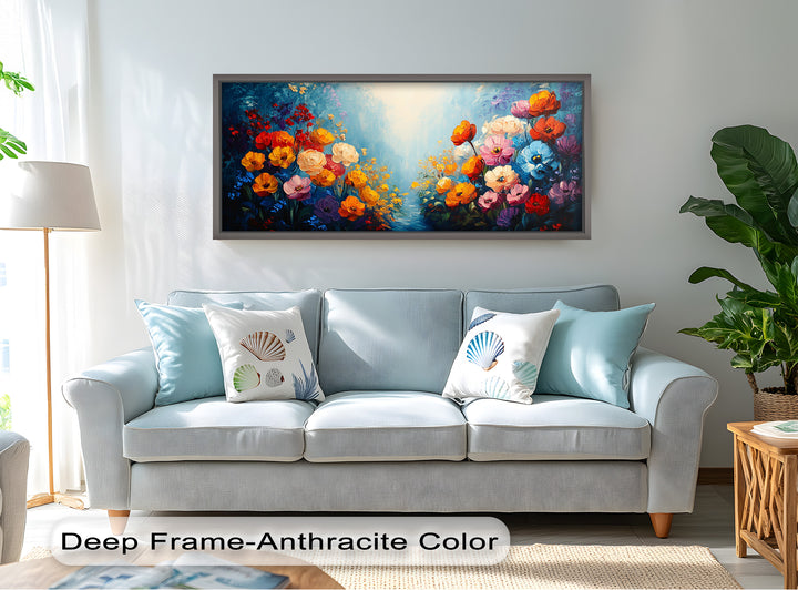 Multicolor Blossoms in Blue Radiance - Flower Oil Painting