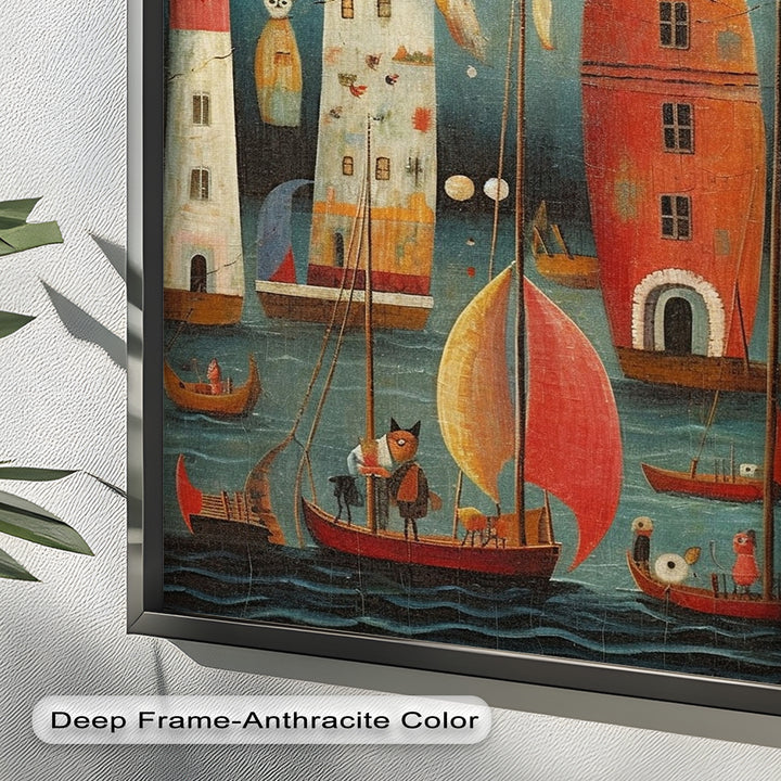 Moonlit Harbor Parade – Surreal Cat and Owl Fantasy Oil Painting
