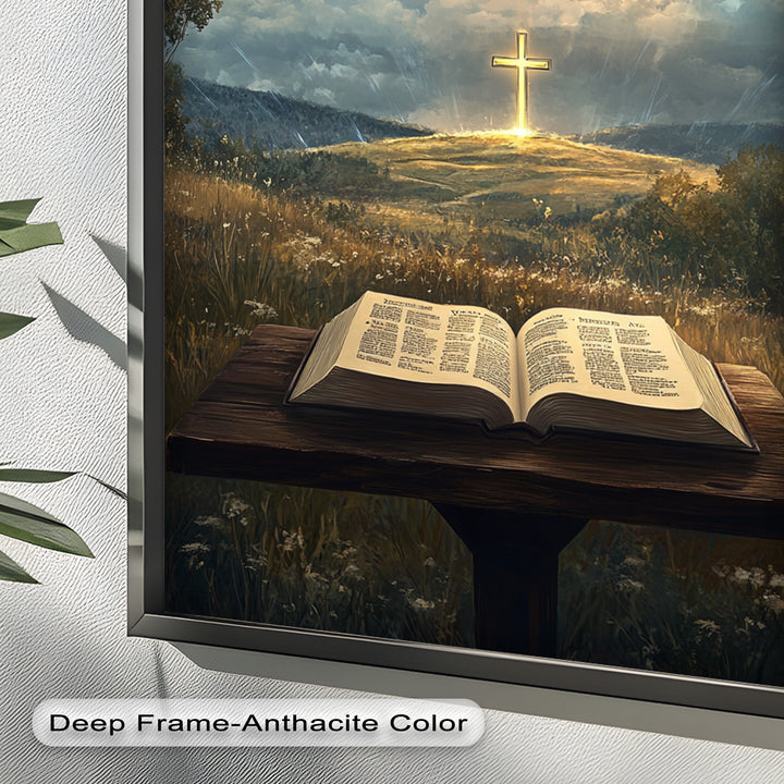 Göttliche Offenbarung – Bibel und leuchtendes Kreuz, christliches Ölgemälde