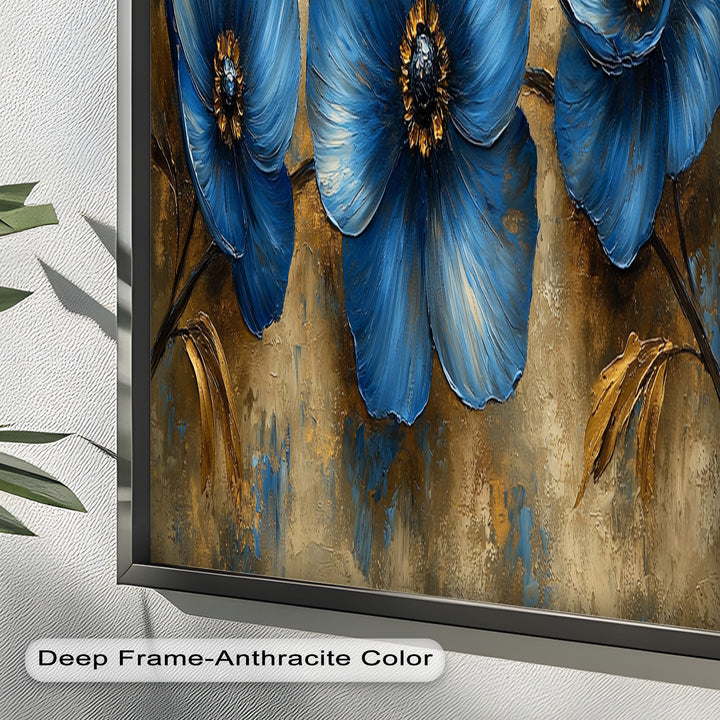 Golden Beige Elegance – Royal Blue Floral Trio Flower Oil Painting