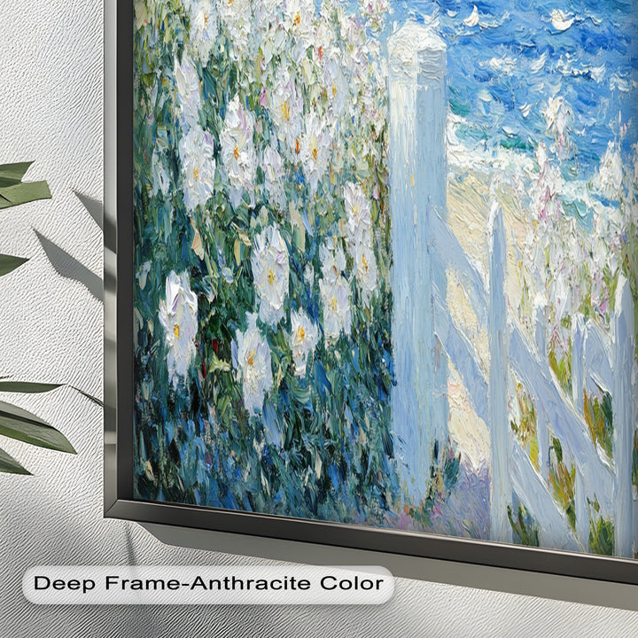 White Rose Garden with Sailboats – Impressionist Oil Painting