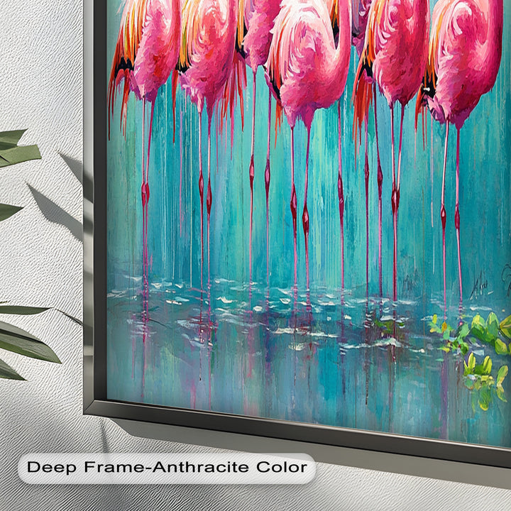 Flamingoschwarm auf dem Wasser – Tierölgemälde