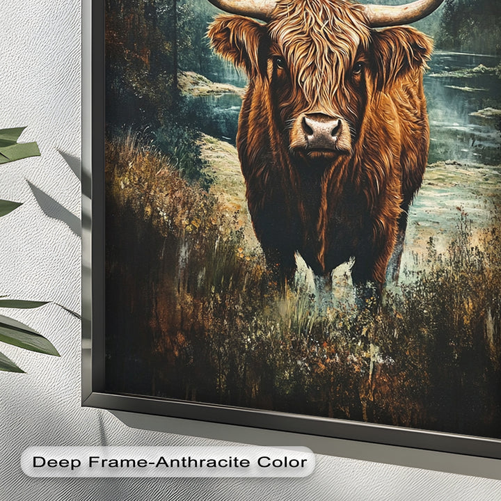 Highland Cow in Misty Pines – Wilderness Oil Painting